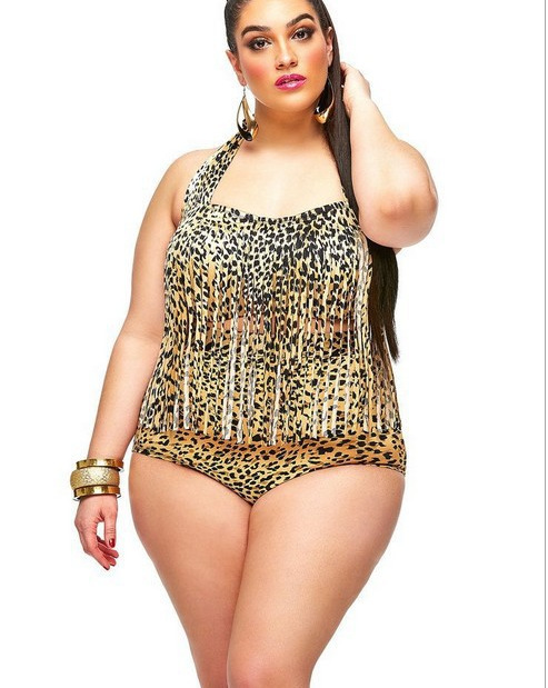 F4472-5 Leopard Print Plus Size Two Piece Tassel Swimwear